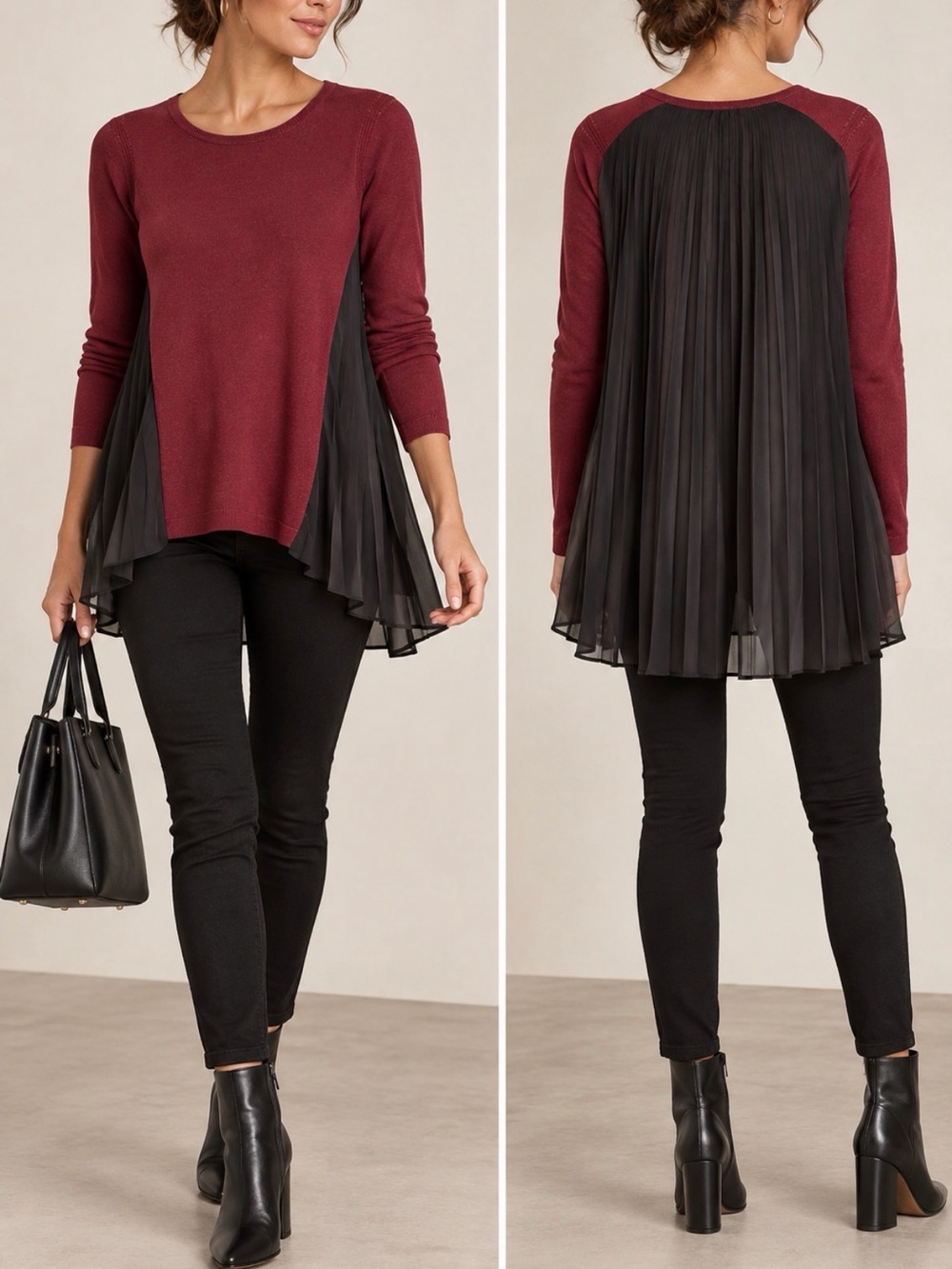 Kenneth Cole Burgundy Black Pleated High Low Sweater Top Size S